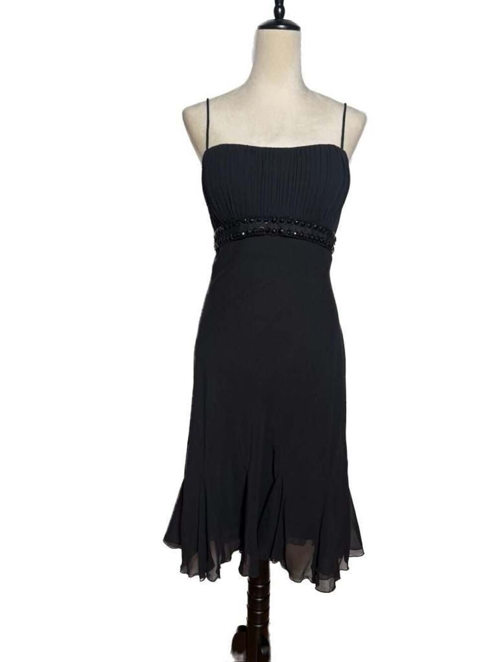 Y2k S.L. Fashions Black Chiffon Midi Dress with Beaded Empire Waist and Ruffled